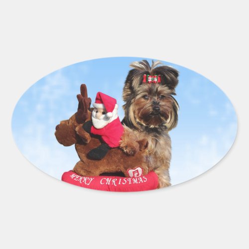 Cute Yorkshire Terrier Merry Christmas Oval Sticker