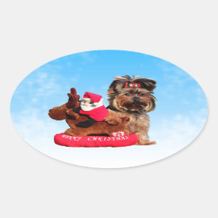 Cute Yorkshire Terrier Merry Christmas Oval Sticker