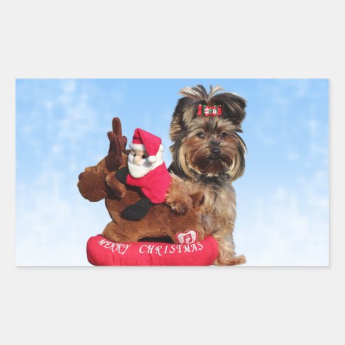 Cute Yorkshire Terrier Merry Christmas Rectangular Sticker