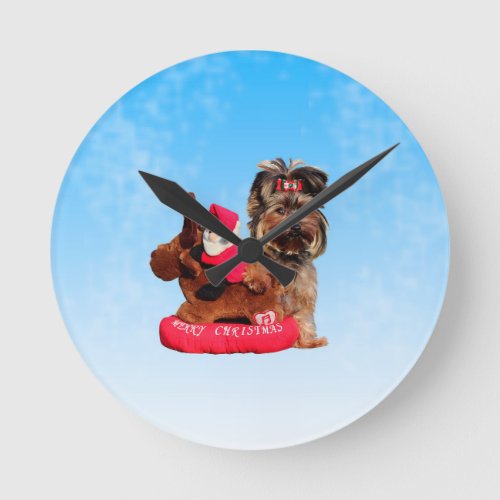 Cute Yorkshire Terrier Merry Christmas Round Clock