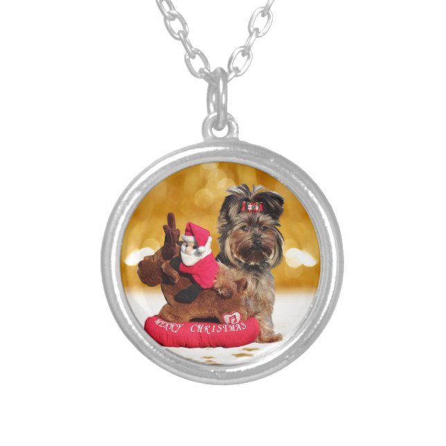 Cute Yorkshire Terrier Merry Christmas Silver Plated Necklace (Front)