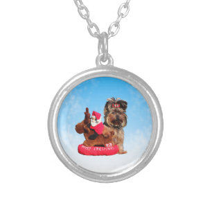 Cute Yorkshire Terrier Merry Christmas Silver Plated Necklace