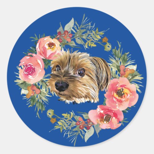 Cute Yorkshire Terrier Puppy and Christmas Wreath  Classic Round Sticker