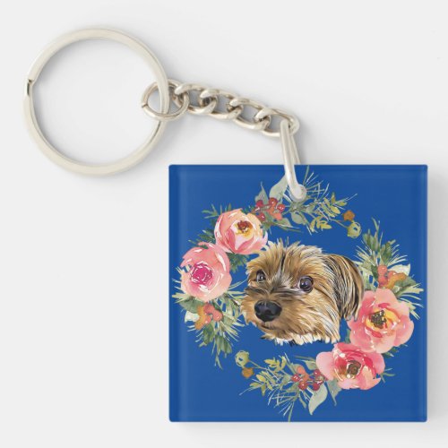 Cute Yorkshire Terrier Puppy and Christmas Wreath Keychain