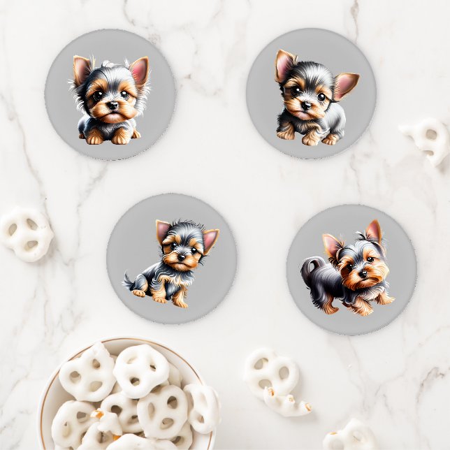 Cute Yorkshire Terrier Puppy Coaster Set (In Situ)