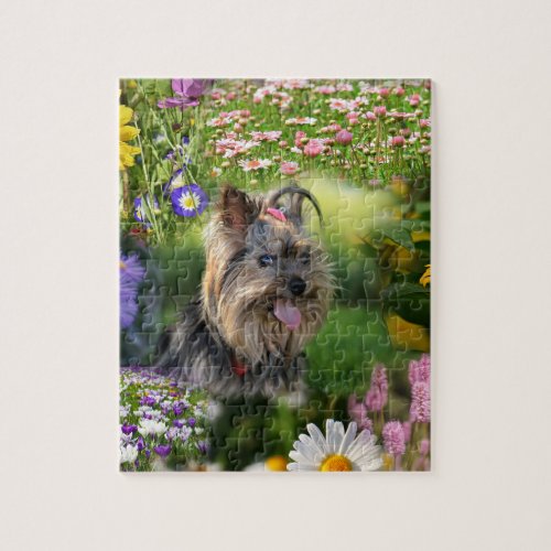 Cute Yorkshire Terrier Puppy  Colorful Flowers Jigsaw Puzzle