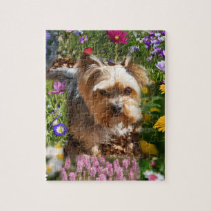 Cute Yorkshire Terrier Puppy & Colorful Flowers Jigsaw Puzzle