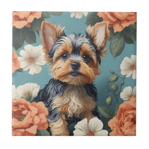 Cute Yorkshire Terrier Puppy Floral Ceramic Tile