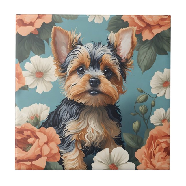 Cute Yorkshire Terrier Puppy Floral Ceramic Tile (Front)