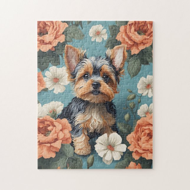 Cute Yorkshire Terrier Puppy Floral Jigsaw Puzzle (Vertical)