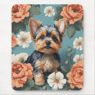 Cute Yorkshire Terrier Puppy Floral Mouse Pad