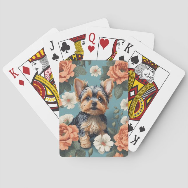Cute Yorkshire Terrier Puppy Floral Poker Cards (Back)