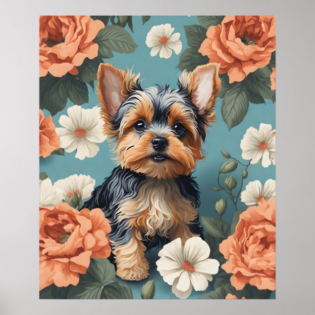 Cute Yorkshire Terrier Puppy Floral Poster (Front)