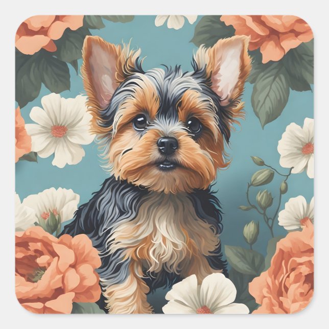 Cute Yorkshire Terrier Puppy Floral Square Sticker (Front)