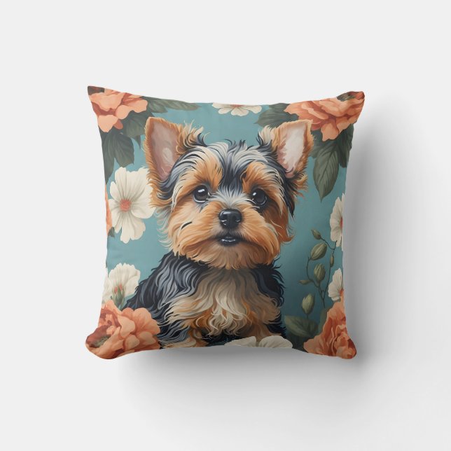 Cute Yorkshire Terrier Puppy Floral Throw Pillow (Front)