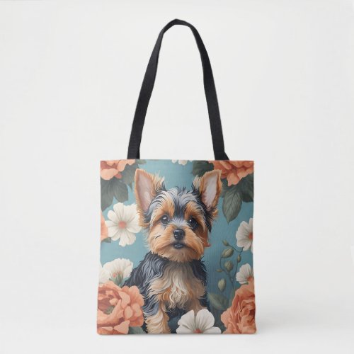 Cute Yorkshire Terrier Puppy Floral Tote Bag