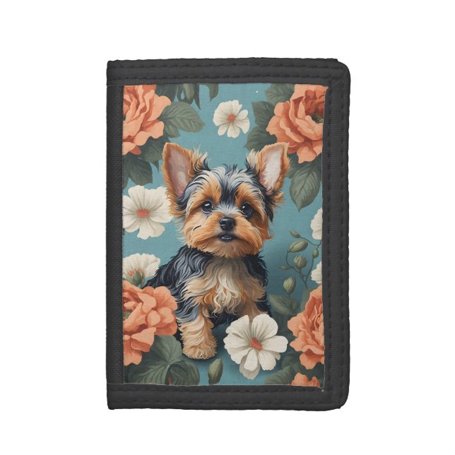 Cute Yorkshire Terrier Puppy Floral Trifold Wallet (Front Vertical)