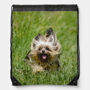 Cute Yorkshire Terrier Running Through Grass Drawstring Bag