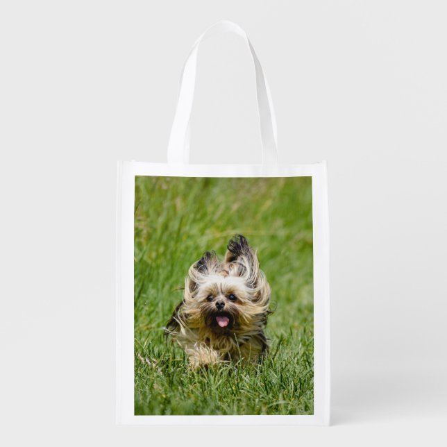 Cute Yorkshire Terrier Running Through Grass Grocery Bag (Front)