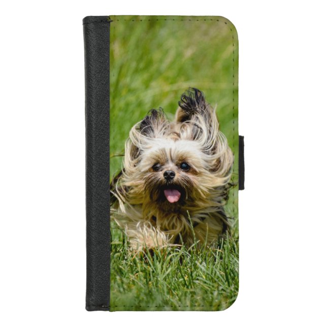 Cute Yorkshire Terrier Running Through Grass iPhone Wallet Case (Front)