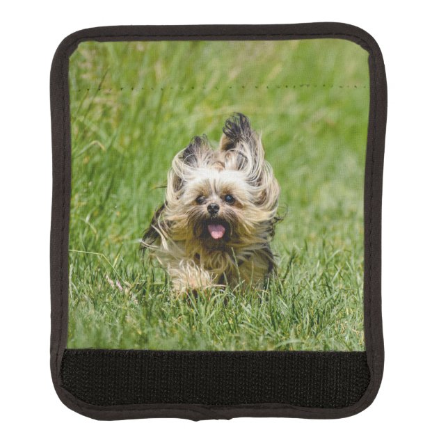 Cute Yorkshire Terrier Running Through Grass Luggage Handle Wrap (Front)