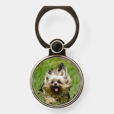 Cute Yorkshire Terrier Running Through Grass Phone Ring Stand