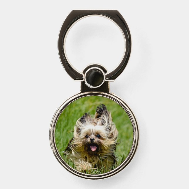 Cute Yorkshire Terrier Running Through Grass Phone Ring Stand (Front)