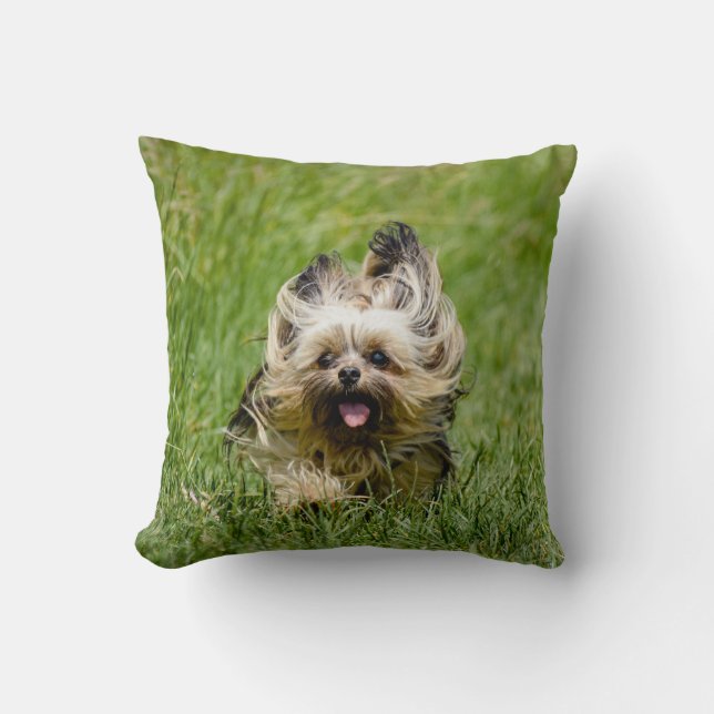 Cute Yorkshire Terrier Running Through Grass Throw Pillow (Front)