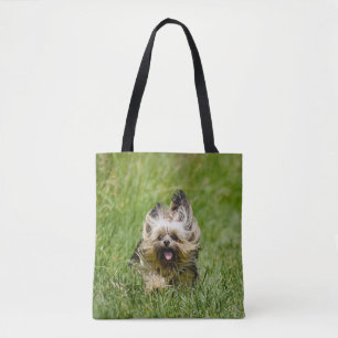Cute Yorkshire Terrier Running Through Grass Tote Bag