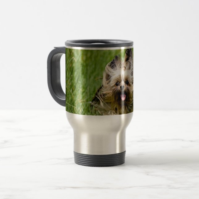 Cute Yorkshire Terrier Running Through Grass Travel Mug (Front Left)