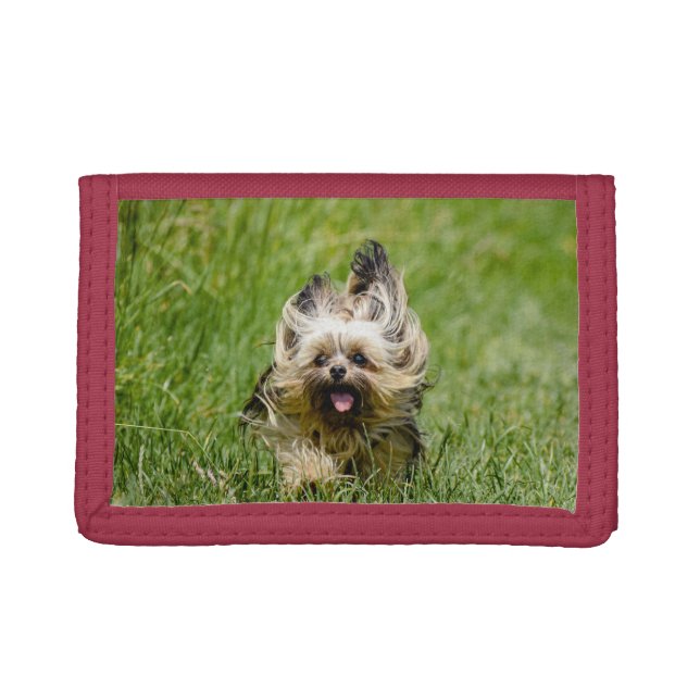 Cute Yorkshire Terrier Running Through Grass Trifold Wallet (Front)