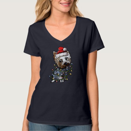Cute Yorkshire Terrier Santa Christmas Tree Lights T_Shirt
