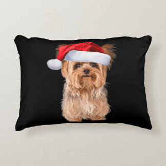 Cute Yorkshire Terrier Santa Puppy Christmas Accent Pillow