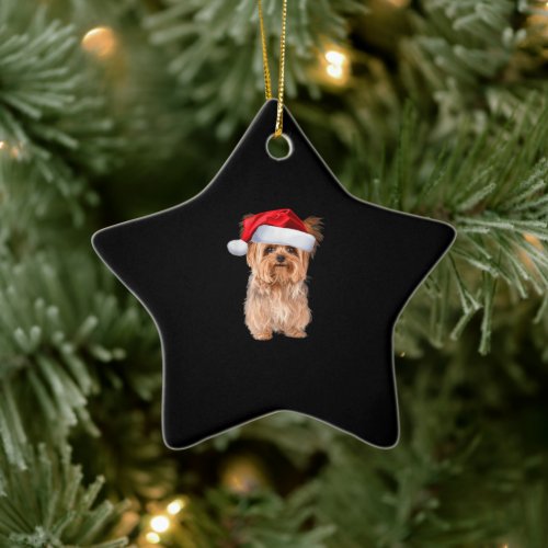 Cute Yorkshire Terrier Santa Puppy Christmas Ceramic Ornament