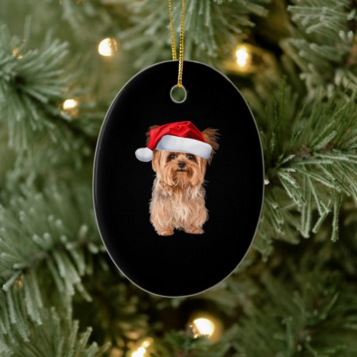 Cute Yorkshire Terrier Santa Puppy Christmas Ceramic Ornament