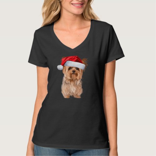 Cute Yorkshire Terrier Santa Puppy Christmas T_Shirt