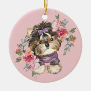 Cute Yorkshire Terrier Watercolor Art Ceramic Ornament