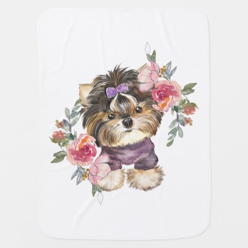 Cute Yorkshire Terrier Yorkie and Flowers Art Baby Blanket