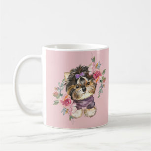 Cute Yorkshire Terrier Yorkie and Flowers Art  Coffee Mug