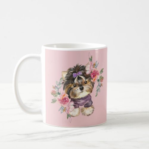 Cute Yorkshire Terrier Yorkie and Flowers Art  Coffee Mug