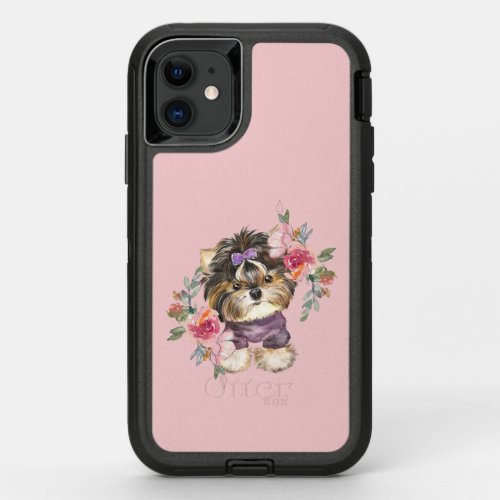Cute Yorkshire Terrier Yorkie and Flowers Art  OtterBox Defender iPhone 11 Case