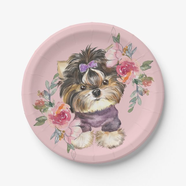 Cute Yorkshire Terrier Yorkie and Flowers Art  Paper Plates (Front)