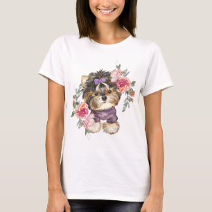 Cute Yorkshire Terrier Yorkie and Flowers Art T-Shirt