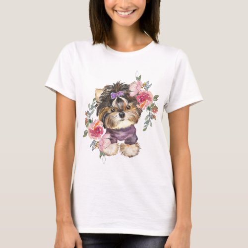 Cute Yorkshire Terrier Yorkie and Flowers Art T_Shirt