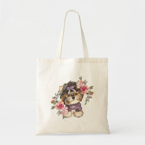 Cute Yorkshire Terrier Yorkie and Flowers Art Tote Bag