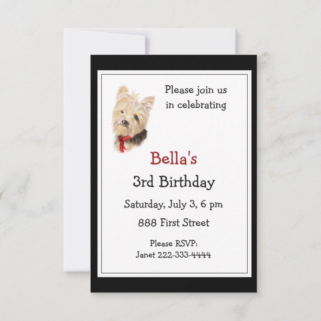 Cute Yorkshire Terrier Yorkie Birthday Party Invitation (Back)