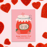 Cute You Are My Jam Classroom Valentine's Day Note Card<br><div class="desc">Cute classroom Valentine's Day card featuring an illustration of a jar of jam with strawberries and fluttering red hearts. Personalize the front of the red and pink Valentine's Day card by adding a custom greeting and your name. The card reverses to display a pink and red heart pattern.</div>