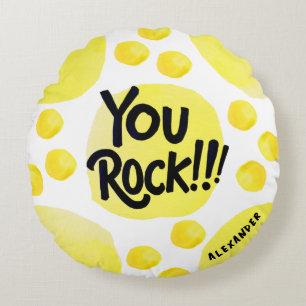 Cute You Rock Yellow And Black Modern Typography Round Pillow