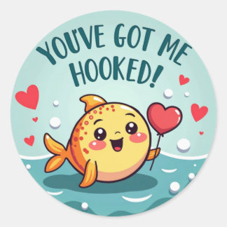 Cute 'You’ve Got Me Hooked!' Fish Valentine’s  Classic Round Sticker