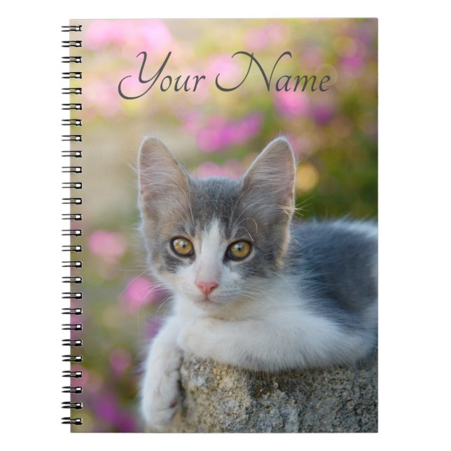 Cute Young Bicolor Cat Kitten Pink Flowers - Name Notebook (Front)